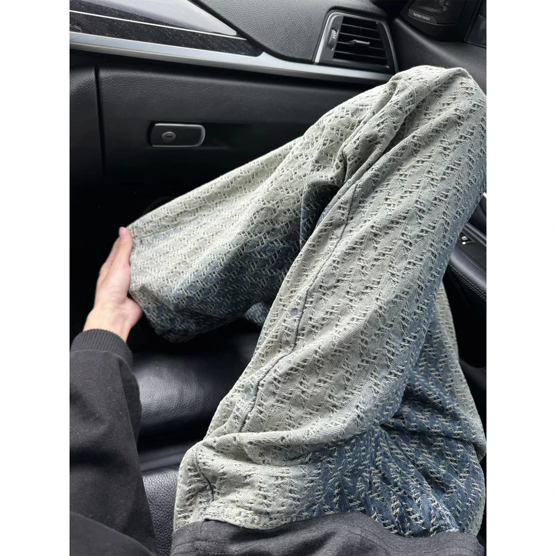 美式复古扎染编织牛仔裤男款春季宽松显瘦小众设计工装直筒休闲裤