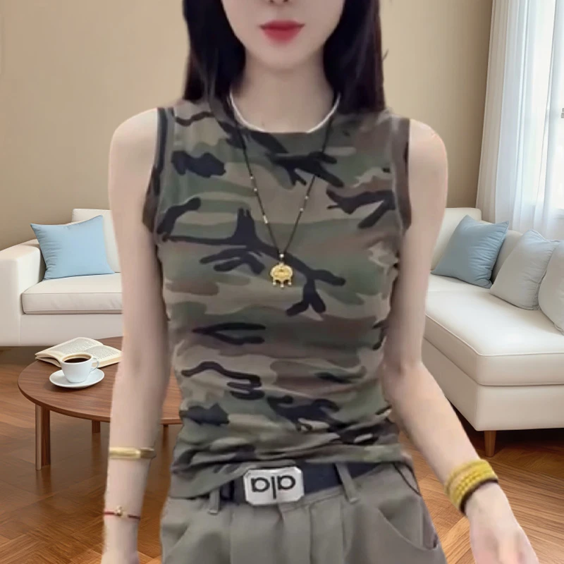 时尚休闲迷彩印花无袖背心夏季新款美式百搭修身显瘦上衣小众女装