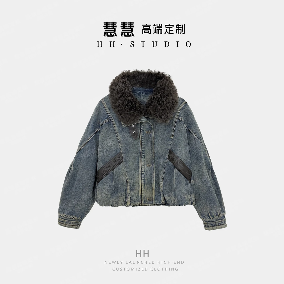 【慧慧】2525新款 90鹅绒 大羊羔毛领牛仔拼接羽绒服JYYRJN2516