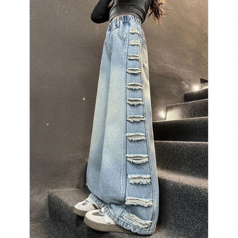 又酷又飒女童裤子春秋2025新款儿童破洞牛仔裤女孩大童宽松阔腿裤