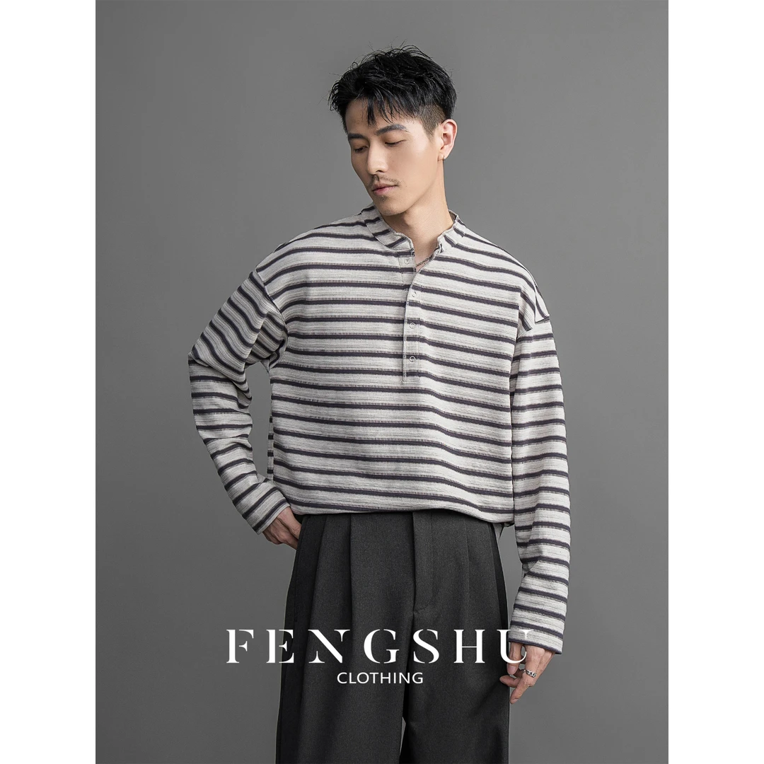 FENGSHU老钱风条纹立领T恤男百搭长袖早秋打底肌理感复古宽松上衣