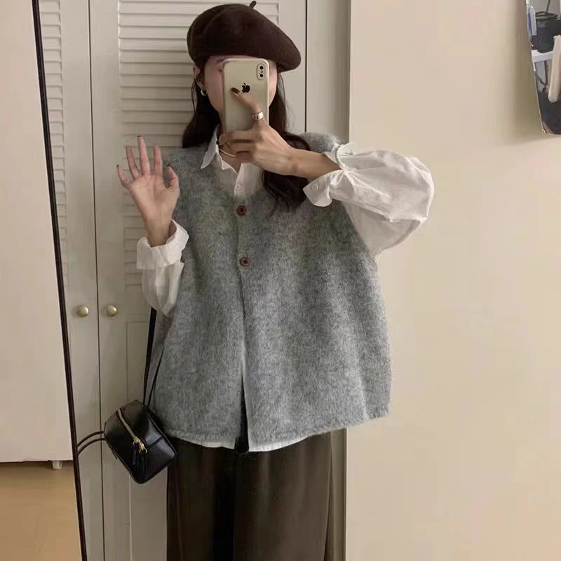 春秋新款宽松显瘦叠穿背心韩系简约百搭软糯慵懒风毛衣针织马甲女