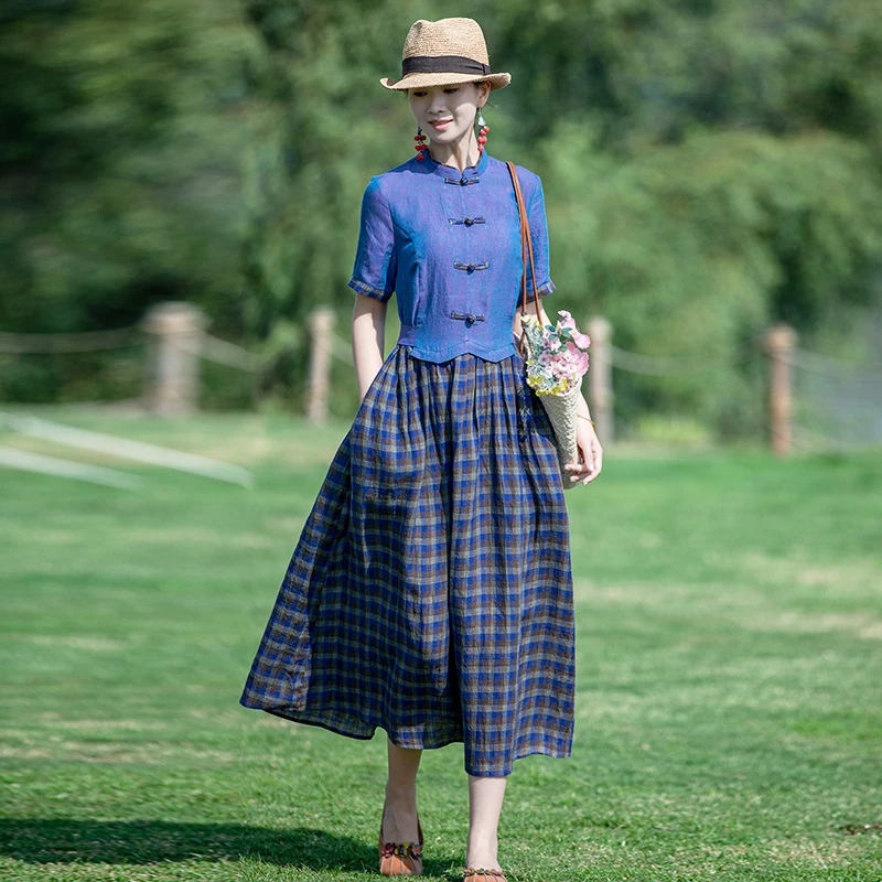 莹如衣语民族风汉麻连衣裙拼接亚麻格子女装复古气质长裙3082捡漏