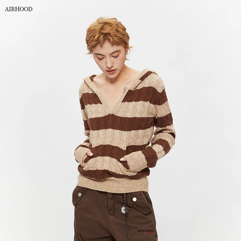 AIRHOOD 国潮秋季麻花条纹口袋设计感V领辣妹针织毛衣女秋季N5415