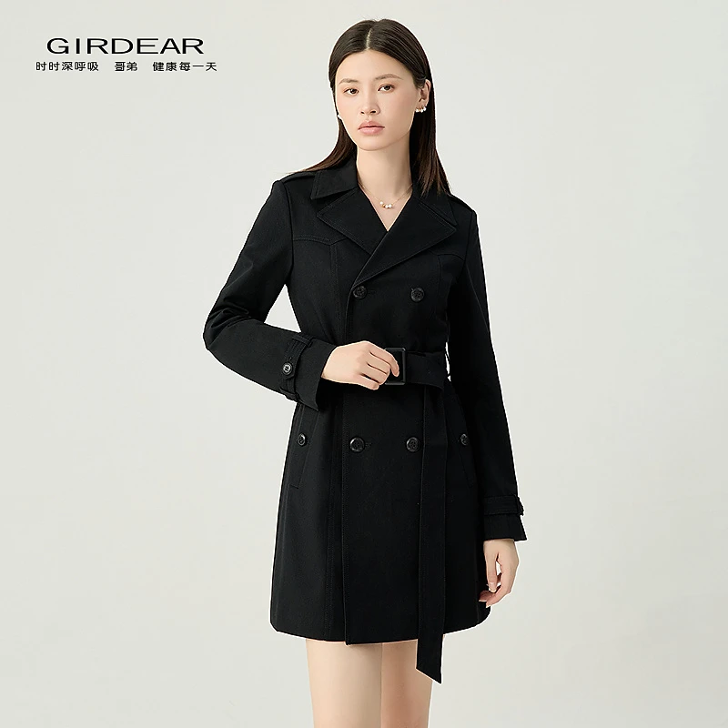 【现】哥弟经典通勤翻领腰带双排扣中长款招牌风衣外套女140006