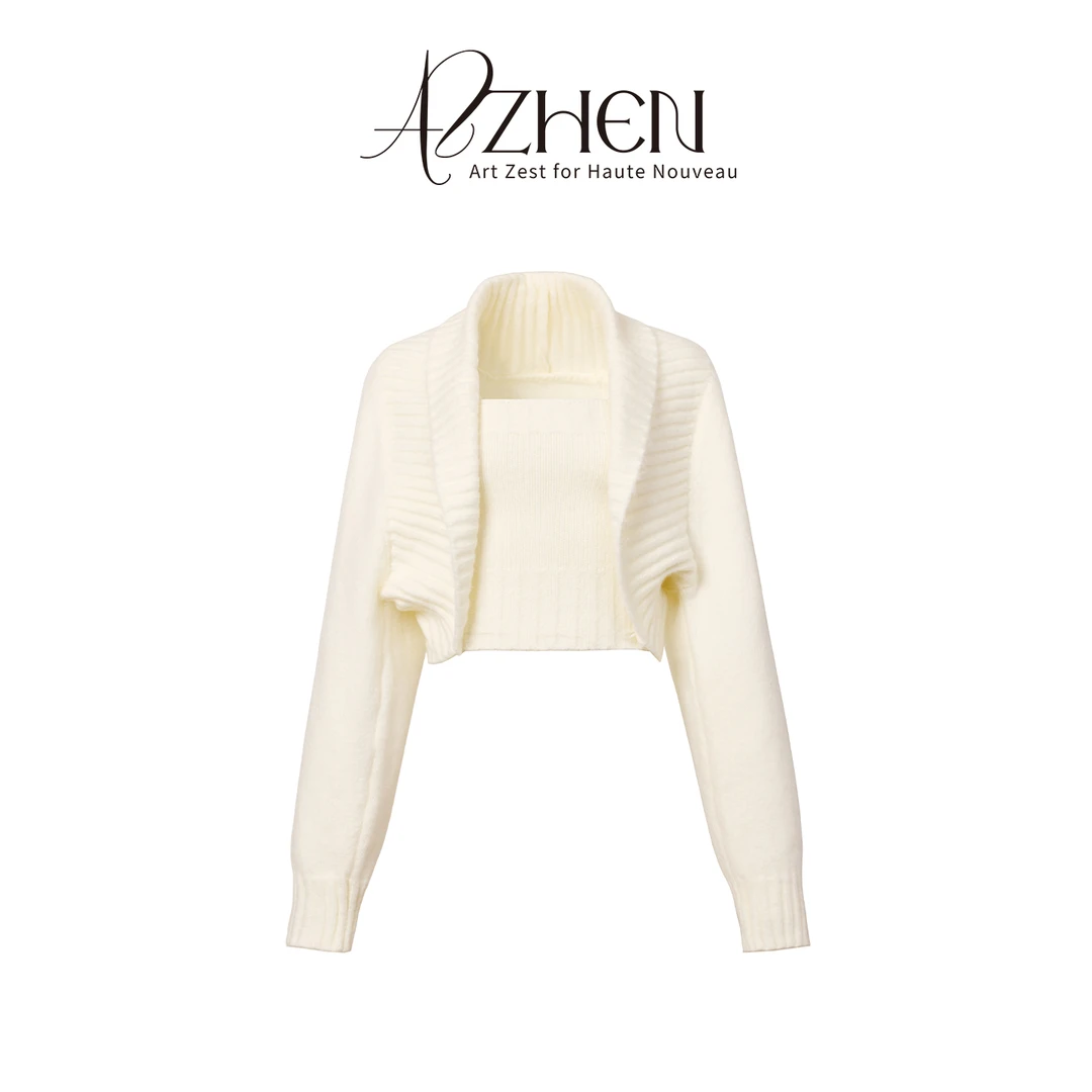 AZZHEN【温柔入秋】翻领披肩毛衣外套抹胸宽松复古套装AZ4KBZ24-ZZ