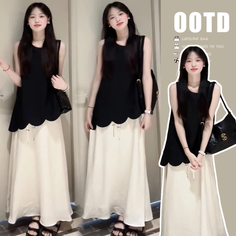 孕妇大码简约夏季新款高级感无袖不规则设计上衣舒适半身裙两件套