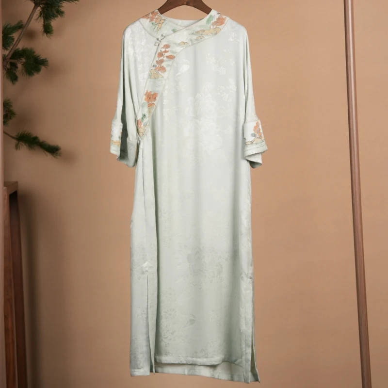 圆领手绘连衣裙2618 桑蚕丝22姆米提花绞罗面料