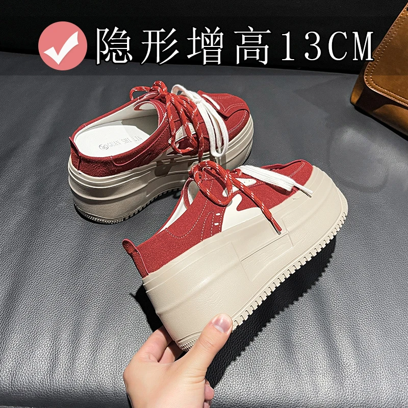 2025新款矮个子厚底一脚蹬包头半拖鞋女内增高11cm复古红色德训鞋