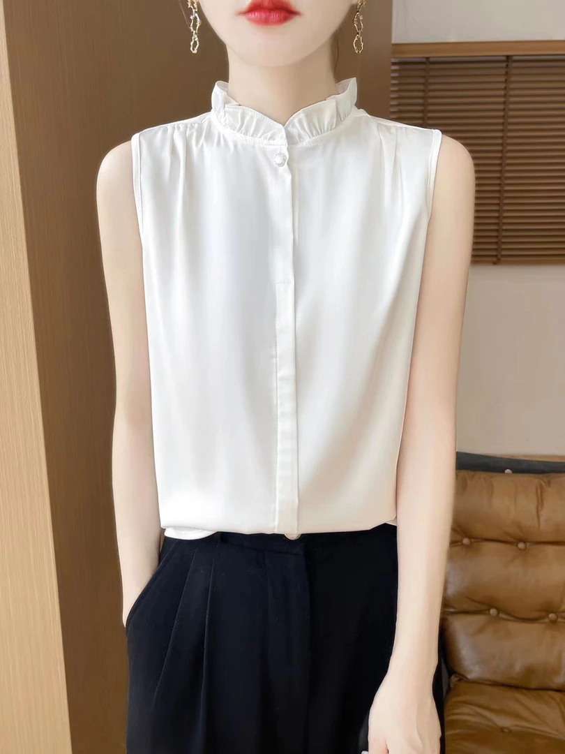 法式醋酸缎面立领木耳领无袖衬衫女内搭纯色打底背心时尚百搭上衣