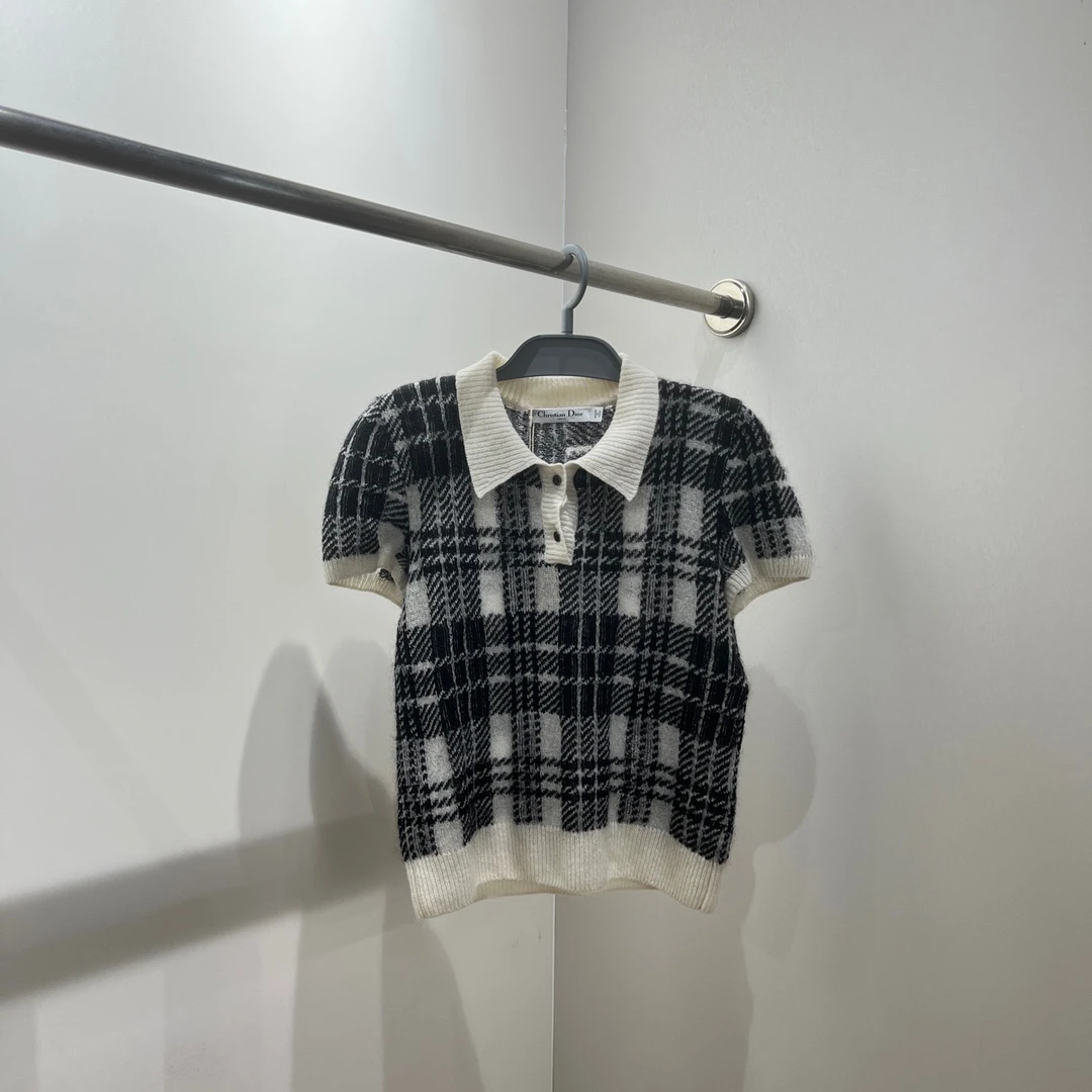 99新 DIOR/迪奥 tob213 格纹polo领短袖羊毛衫 36码 马海毛