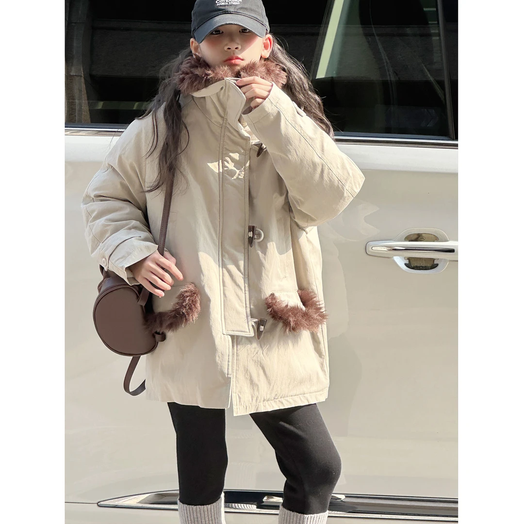 K30375孙小美毛领拼接女童中长款外套2025新款秋冬儿童夹棉加厚服