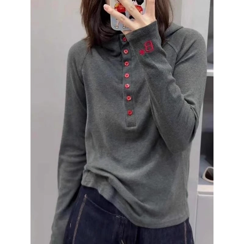 哥弟阿玛施正品大码棉混半开领连帽长袖T恤女2025早秋胖mm宽松时