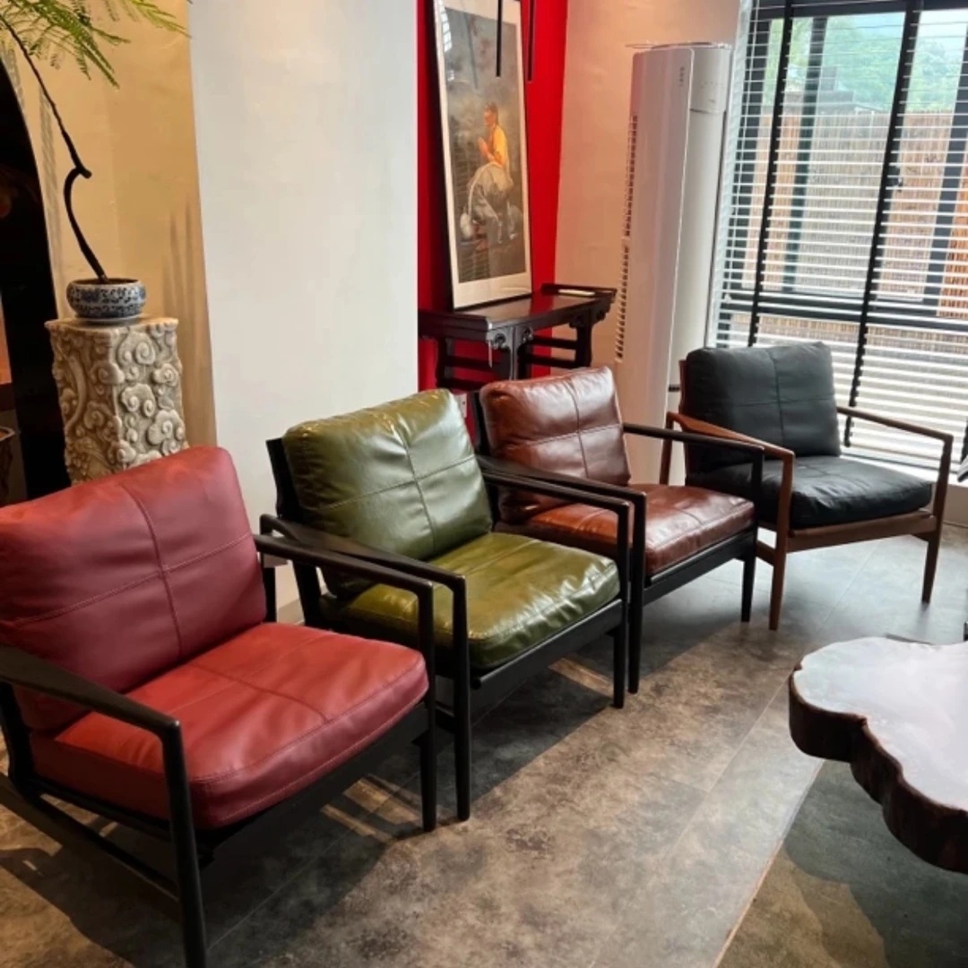 「月辉椅」北欧单人沙发椅汉斯汉克椅茶室诧寂风真皮复古书房客厅