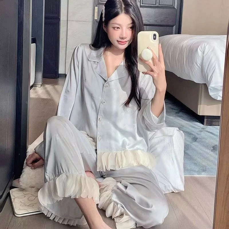 睡衣女款爆款2025春季新款长袖长裤女士薄款可爱风蝴蝶花边家居服