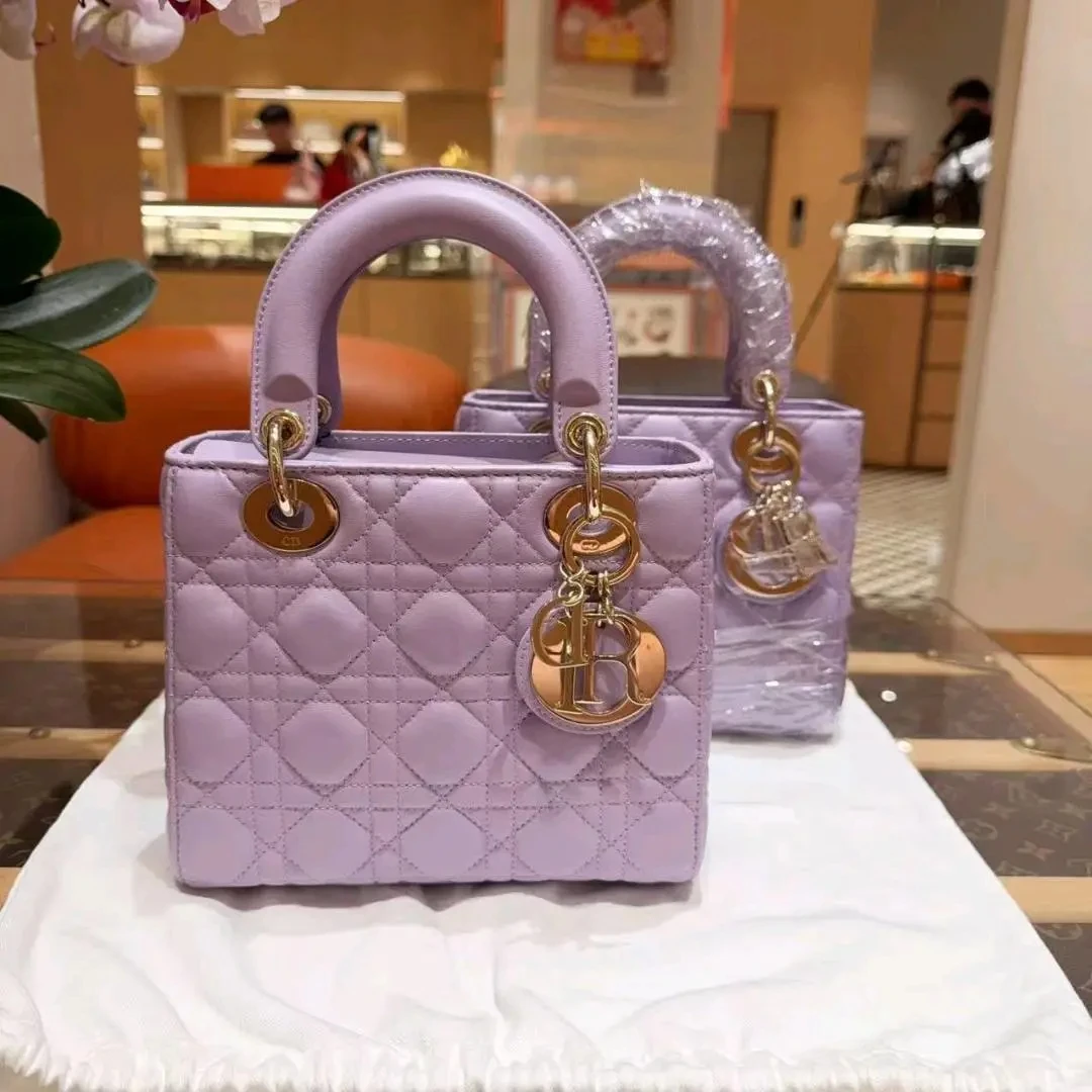 99新 DIOR/迪奥 Dior 迪奥 戴妃四格 淡紫色金扣手提包单肩