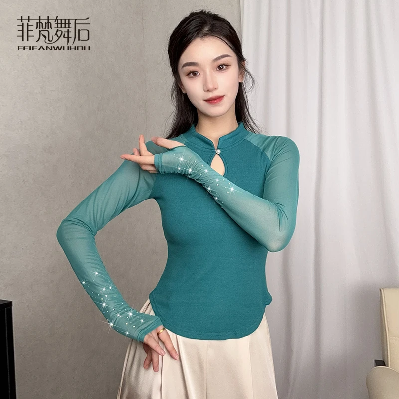 菲梵舞后舞蹈服新款古典舞烫钻上衣形体现代舞练功服网纱拼接长袖