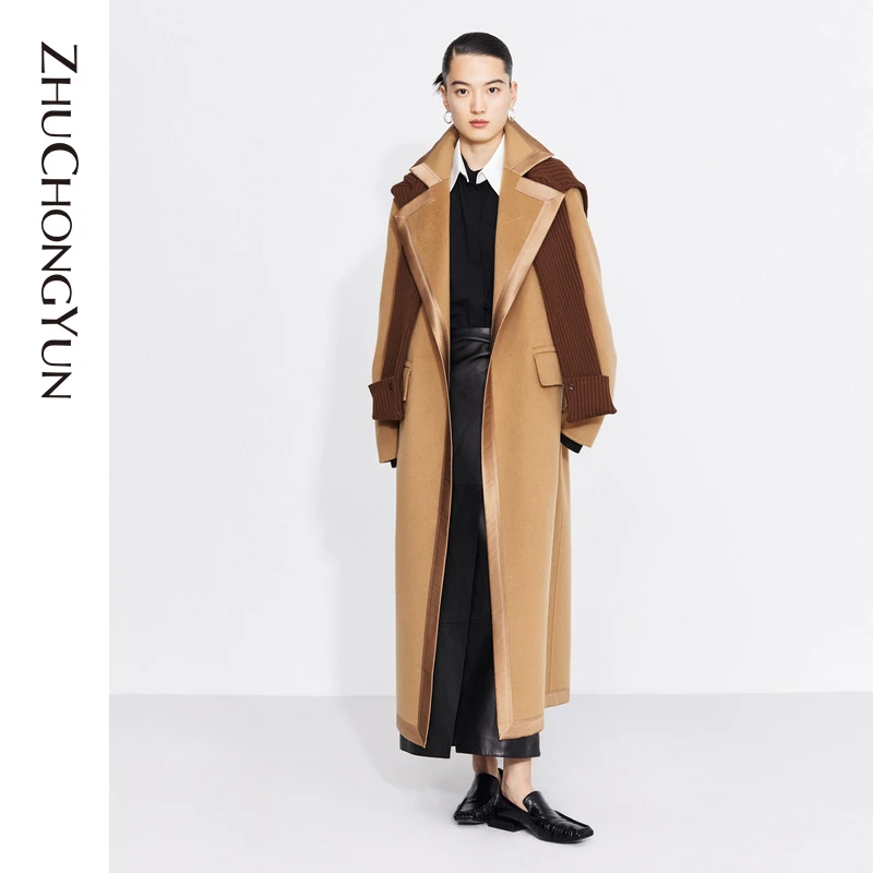 ZHUCHONGYUN2022秋冬绵羊毛原色质感翻领设计毛呢大衣C1CX4169D
