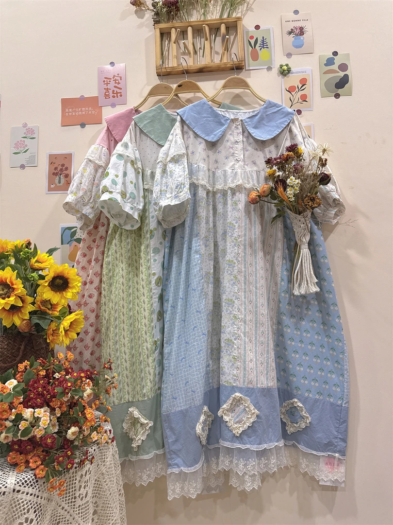 《米粒》82968森系小清新娃娃领拼接蕾丝花边百搭减龄连衣裙