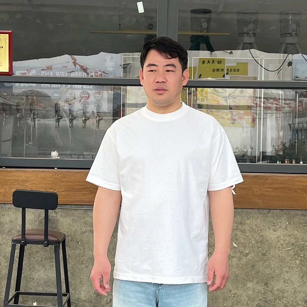 圆领磨破纯棉水洗短袖T恤简约纯色男女款百搭0缩水打底衫   260克