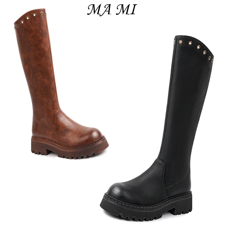 【MAMI】新版本真皮长靴不过膝加绒加粗腿围跟高6cm粗筒细筒长靴