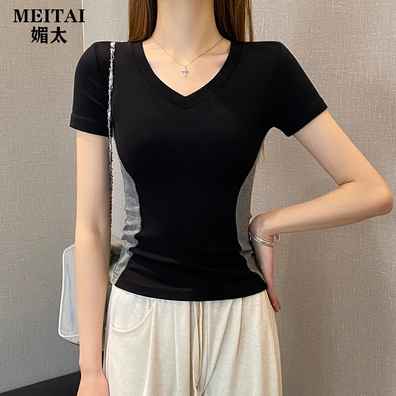 MEITAI媚太螺纹V领拼色短袖t恤女春夏修身低领打底衫收腰显瘦上衣
