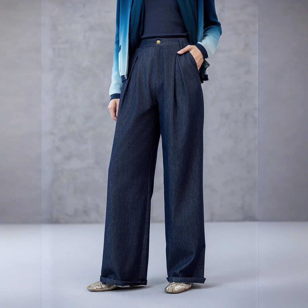 【2874款】柔软牛仔裤女夏季薄款直筒高腰宽松垂感深蓝色冰丝阔腿裤