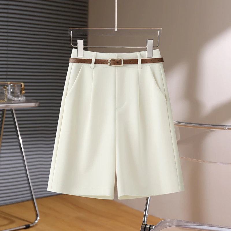 拉夏贝尔米白色西装短裤女2025新款夏季高腰宽松显瘦阔腿五分中裤