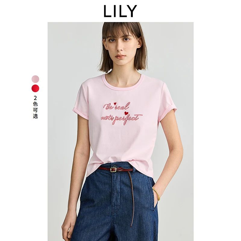 LILY2025春新款多巴胺减龄立体撞色绣花通勤圆领短T恤125149VT910