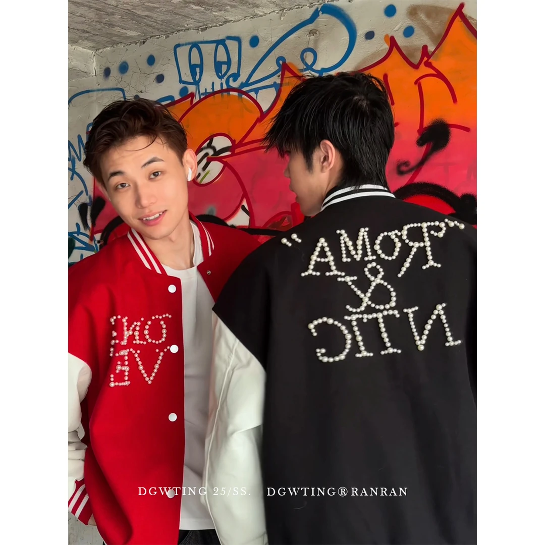 DGWTING夹克单排扣秋冬钉珠秋季拼色复古潮流运动棒球服夹克