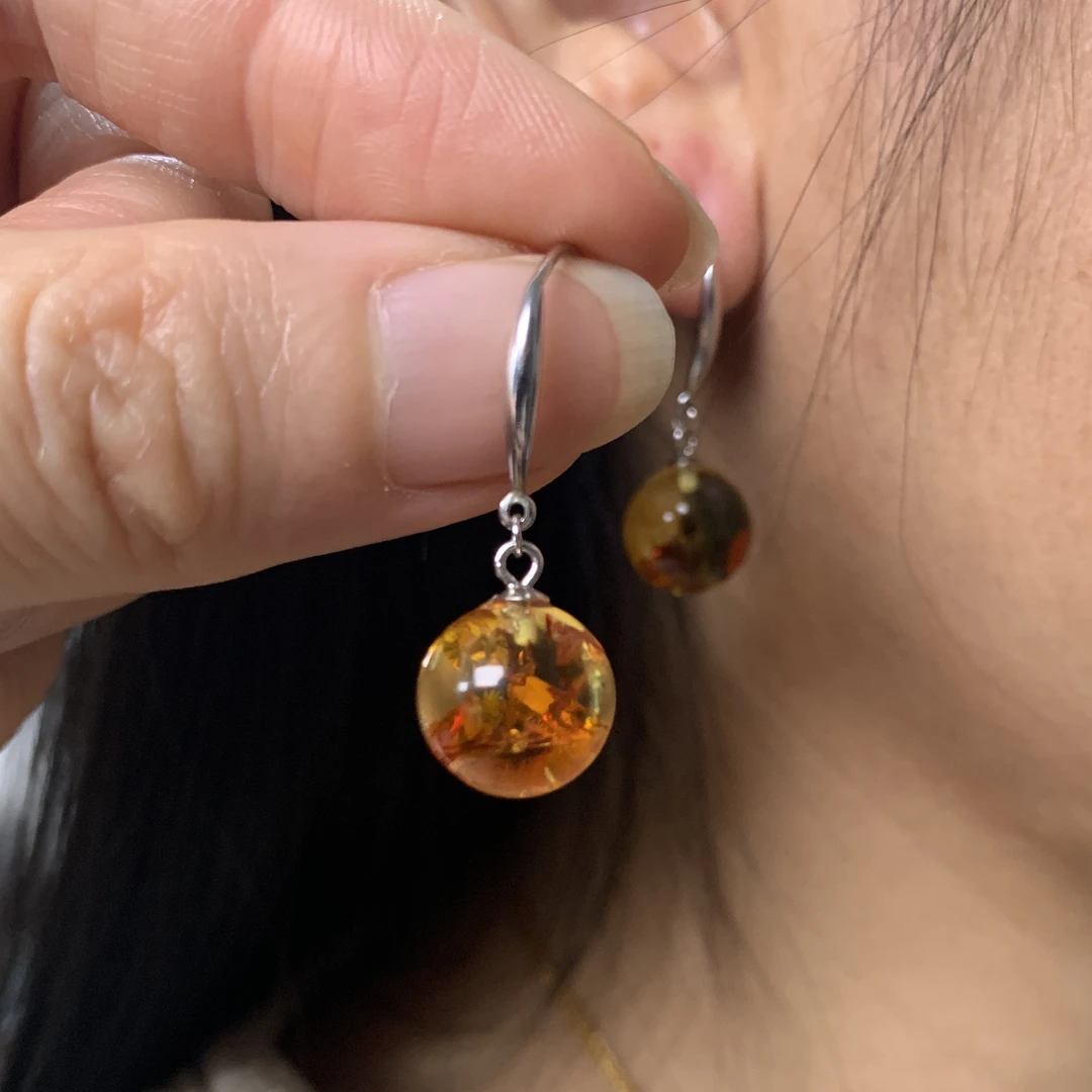 天然花珀卡11左右耳环S925银镶嵌时尚简约大方百搭耳饰