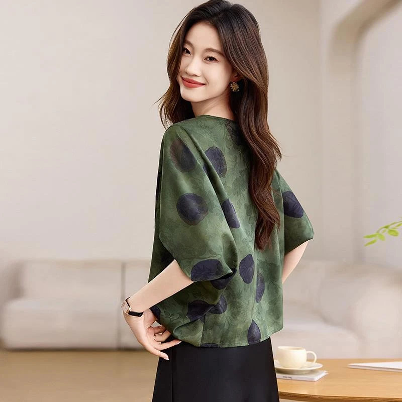 dhini短袖衬衫女士t恤2025新款夏季洋气高端蝙蝠衫上衣桑雪纺小衫
