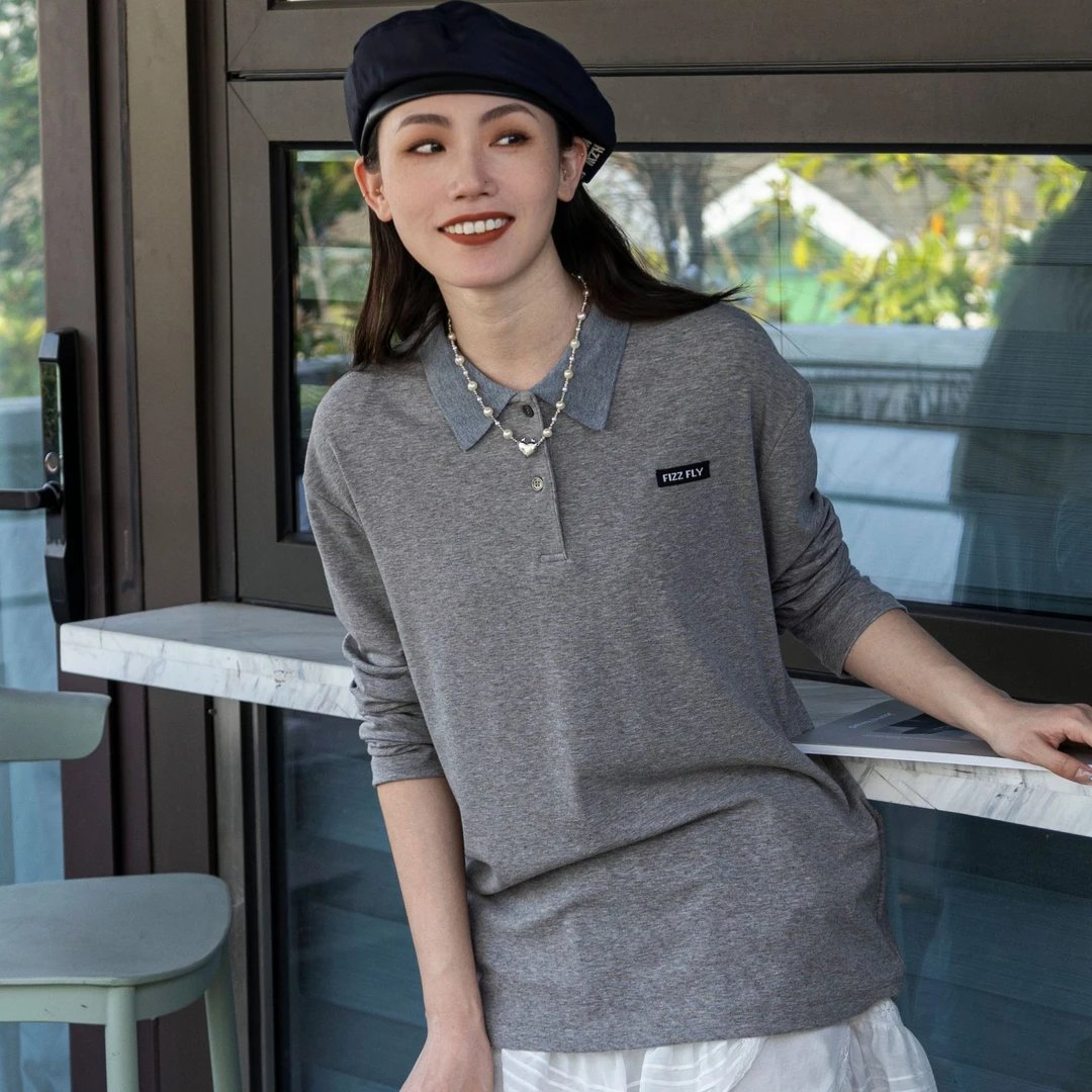 miu系学院风polo翻领灰色套头春夏长袖T恤