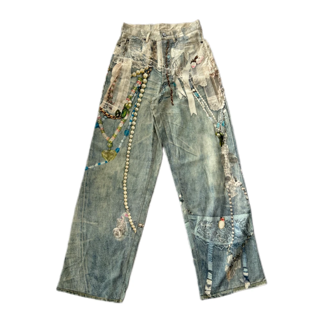 XHCHIC 25新款蕾丝珍珠3D印花做旧高腰直筒牛仔裤