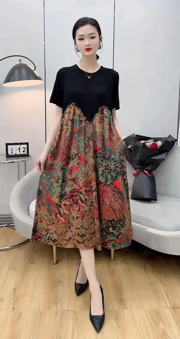 夏季加宽加大女装拼接大摆宽松洋气妈妈连衣裙