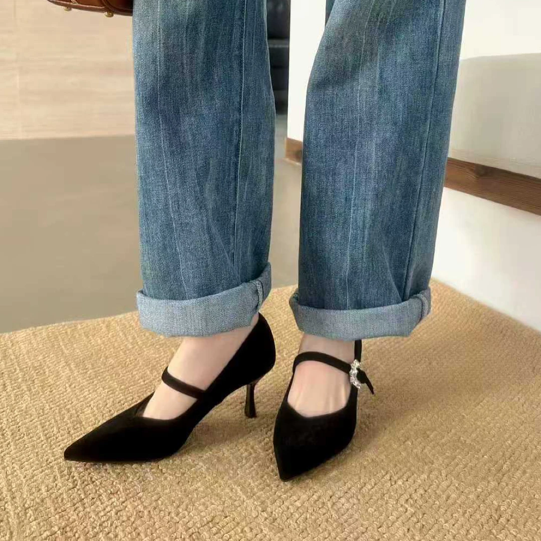 120732拼接尖头胶粘四季通用细跟高跟鞋轻职风增高一脚蹬