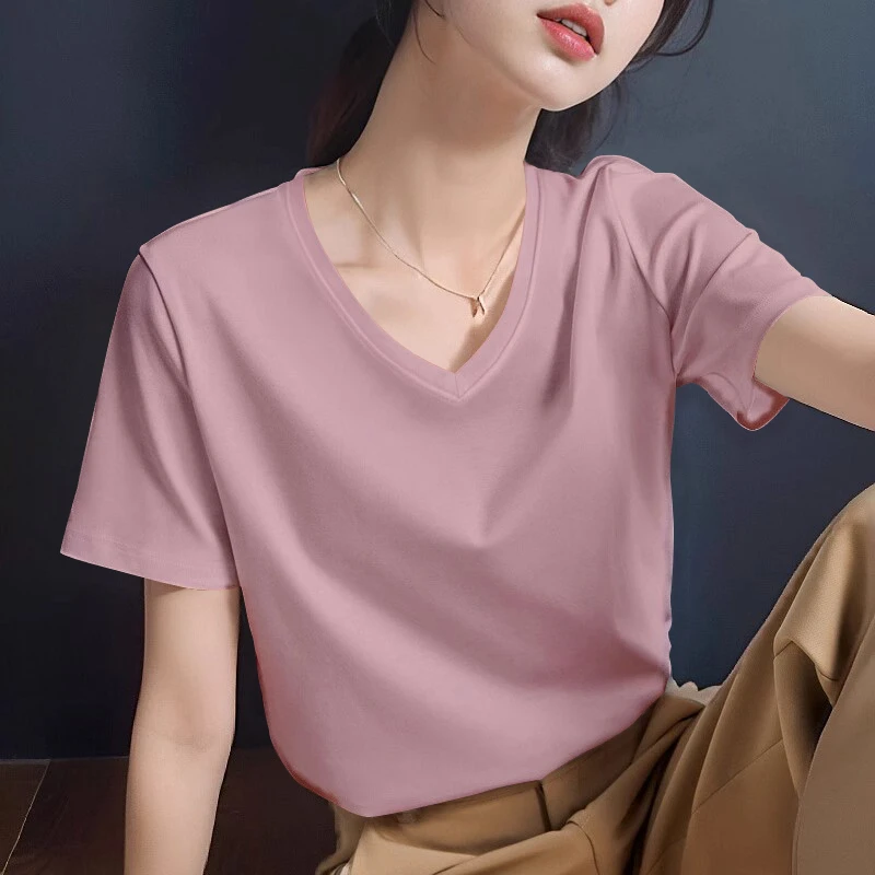 新款藕粉V领宽松短袖T恤女莫代尔正肩设计冰丝软弹T恤夏季打底衫