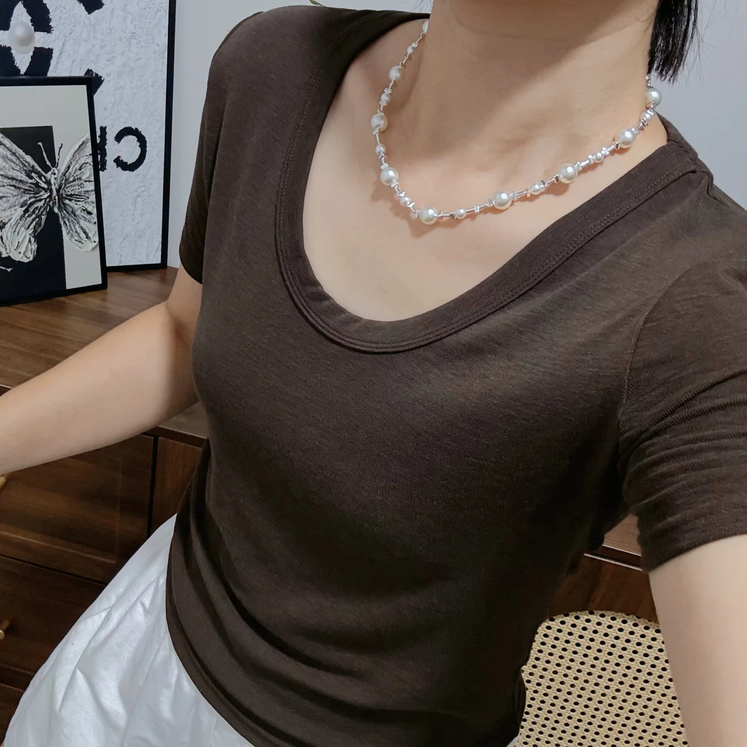 U领裸感T兰精天丝正肩纯色百搭显瘦修身T恤