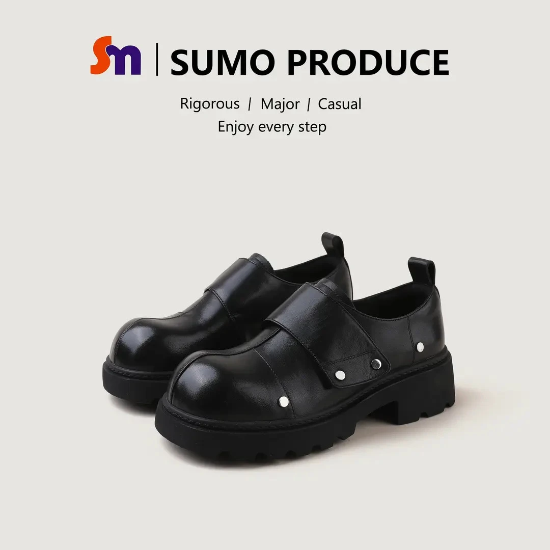 素陌秋季新款厚底增高女鞋真皮黑色皮鞋粗跟单鞋时尚乐福鞋6811-1