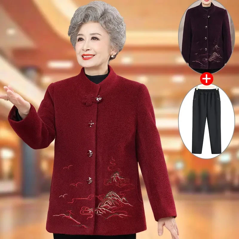 奶奶装加绒外套仿貂绒中老年人冬装女上衣高档妈妈秋冬大衣老太太