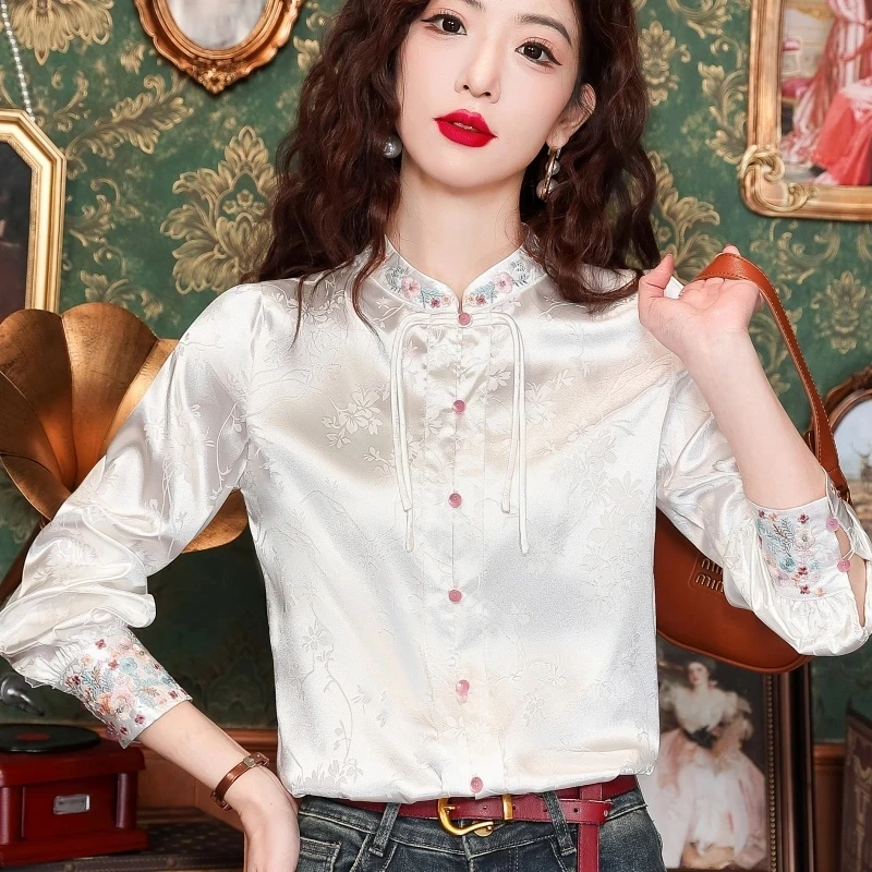 国风长袖衬衫女春装2025新款春季高端新中式刺绣配马面裙上衣