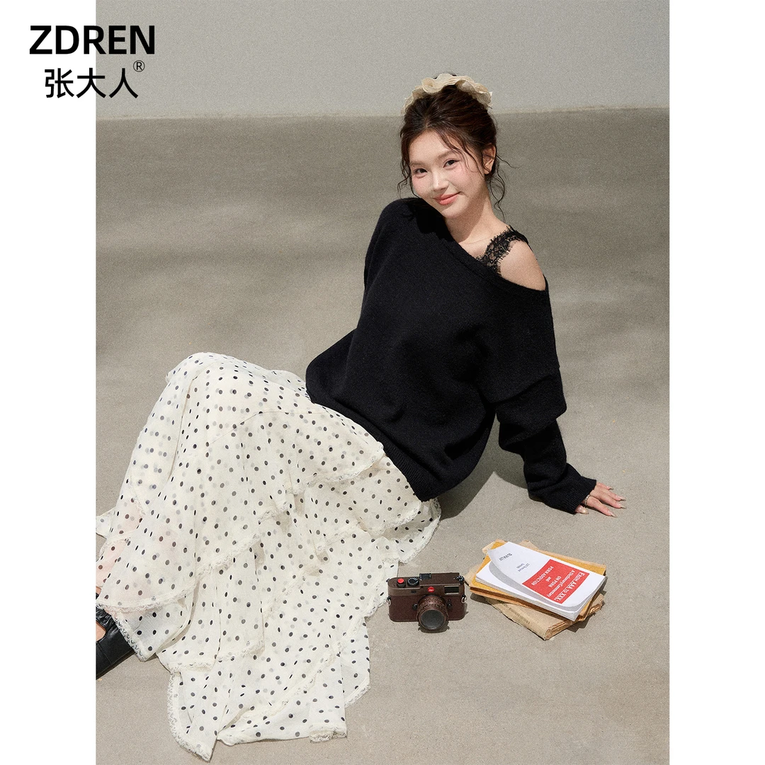 张大人【淑女日记】大码女装微胖妹妹甜酷氛围感露肩毛衣搭配波点裙