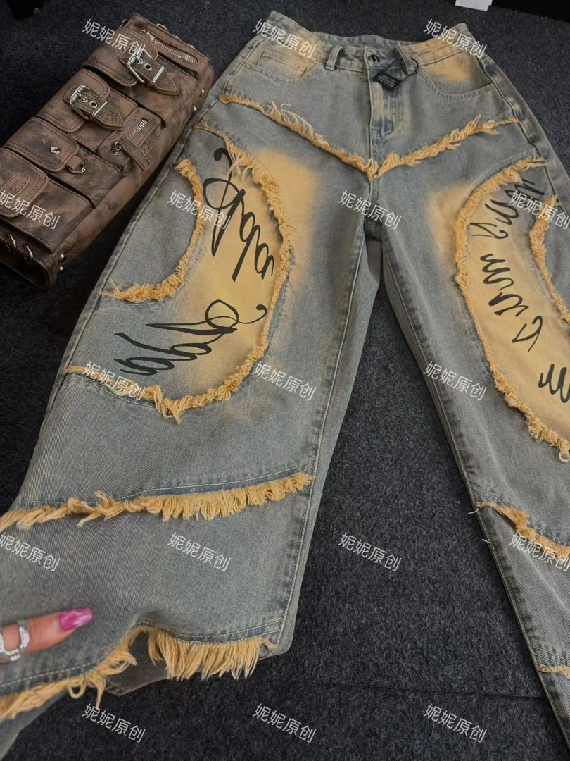 【星宝专属】欧货宽松高腰重工洗水复古色牛仔裤9010
