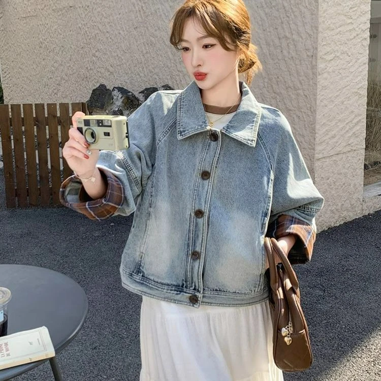 格子拼接牛仔外套女春秋2025新款韩系流行高级感短款小个子上衣