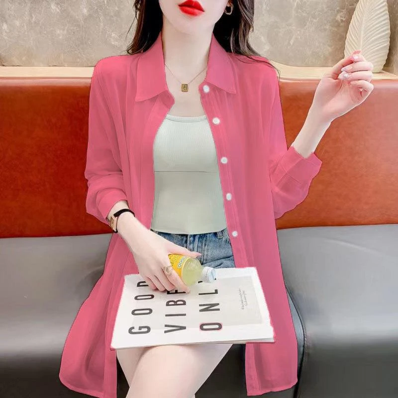 潮走冰丝薄款防晒衣女款2025新款夏季宽松透气衬衫外搭中长版上衣