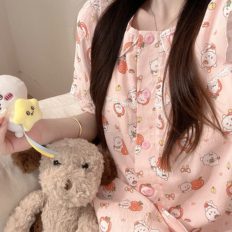 苹果自嘲熊2025年新款睡衣女生通可爱短袖长裤可外穿家居服套装