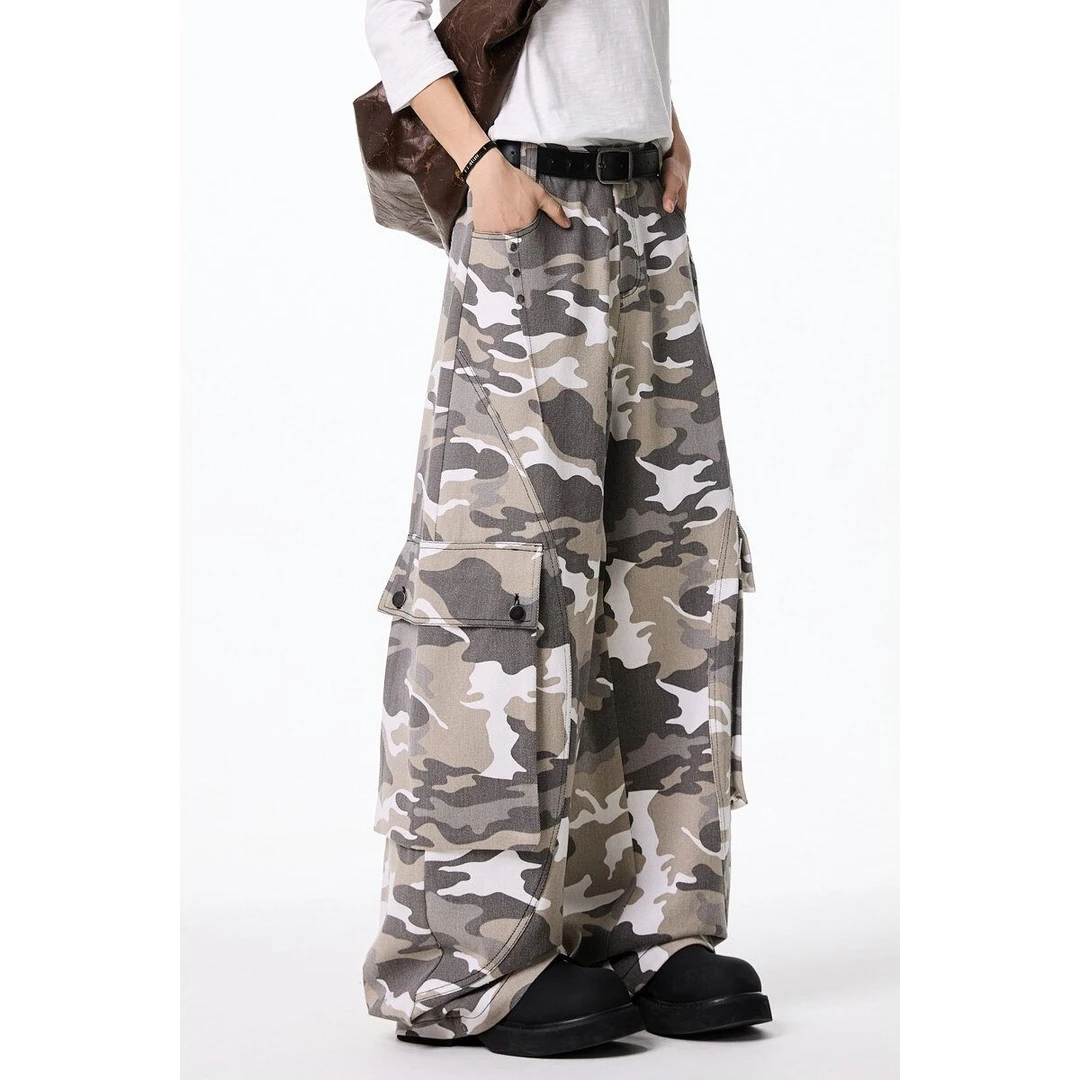 春夏款日系复古直筒休闲长裤子男士宽松潮牌美式口袋迷彩工装裤男