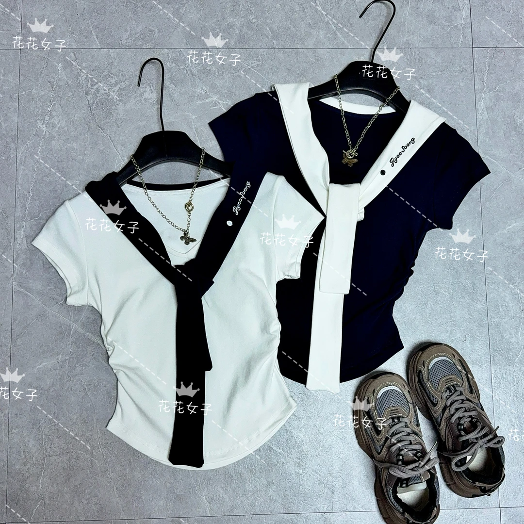 【V领海军风】夏季2025新款收腰显瘦短袖撞色假两件披肩T恤女上衣