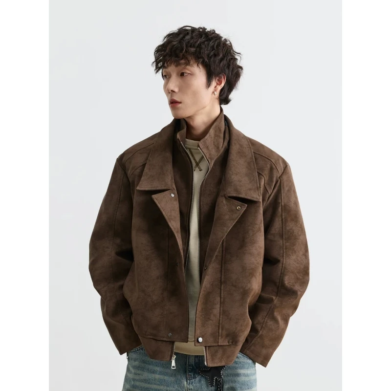 秋冬季双层翻领麂皮外套男士新款加棉保暖潮牌痞帅复古美拉德夹克