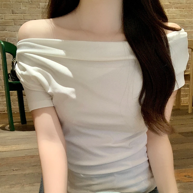 2025夏季新款纯欲风一字领短袖T恤收腰显瘦褶皱纯色时尚百搭上衣